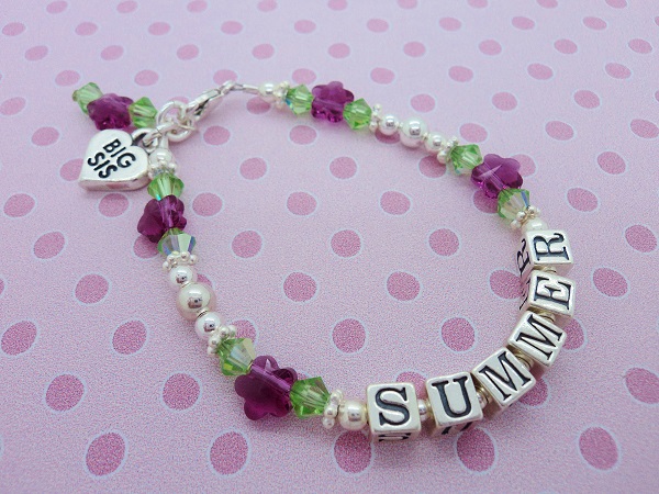 Personalized Sterling Silver Swarovski Crystal Girls Bracelet Kids Baby Gift Custom Name Flower Girl Garden Spring Colorful